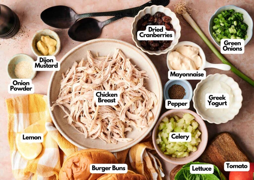 Top-down view of Chicken Salad Sandwich ingredients, featuring shredded chicken breast, seasonings, vegetables, condiments, dried cranberries, and burger buns—all clearly labeled for easy reference.