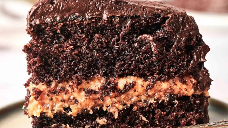 A close-up of a slice of chocolate layer cake with chocolate frosting and a visible peanut butter filling in the center.