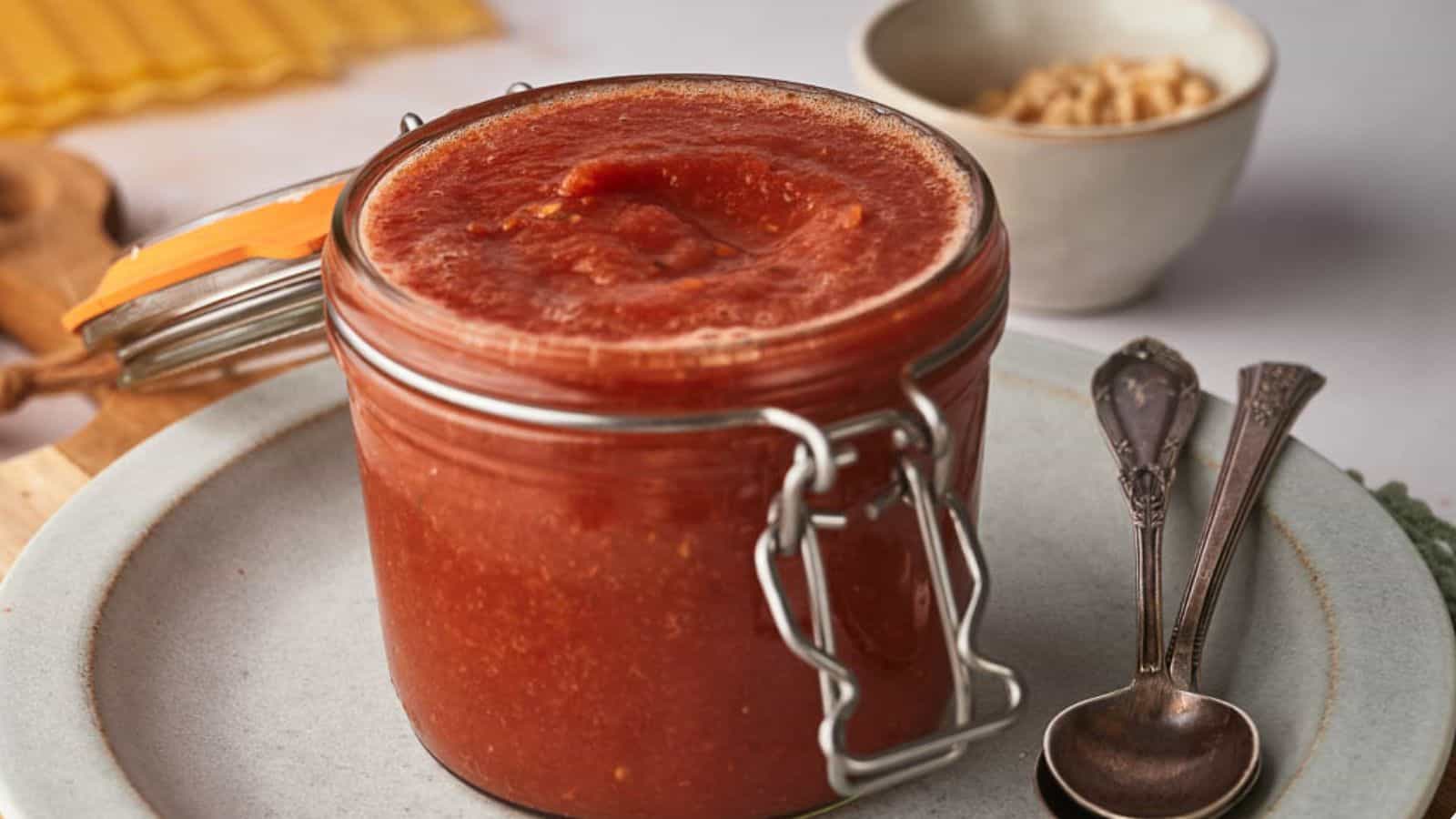 A glass jar filled with tomato sauce sits on a plate. Two spoons are beside it. A small bowl is in the background, slightly out of focus.