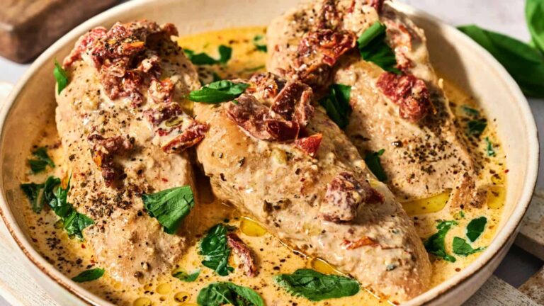 Three chicken breasts in a creamy sauce with sun-dried tomatoes and fresh basil, garnished with cracked black pepper in a shallow dish.
