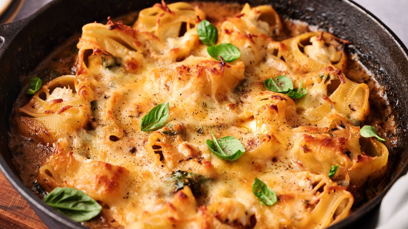 A skillet filled with baked stuffed pasta shells, topped with melted cheese, black pepper, and fresh basil leaves.