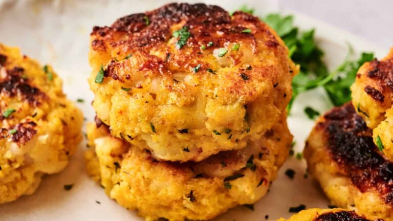 Two golden-brown crab cakes stacked on a plate, garnished with chopped herbs, with more crab cakes and parsley in the background.