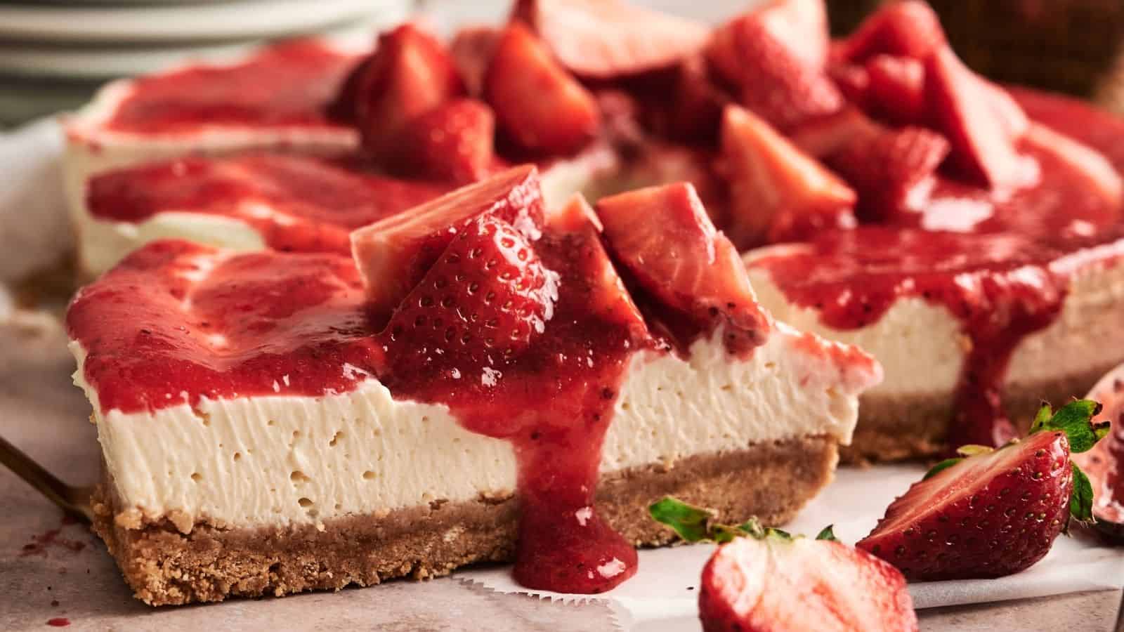A slice of cheesecake with a graham cracker crust, topped with strawberry sauce and fresh strawberry pieces, sits on a serving tray.