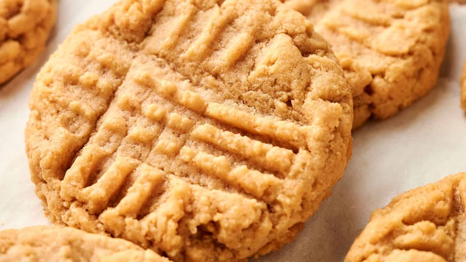 Close-up of a classic peanut butter cookie with the iconic crisscross pattern on top, nestled among a delightful batch of similar peanut butter cookies.