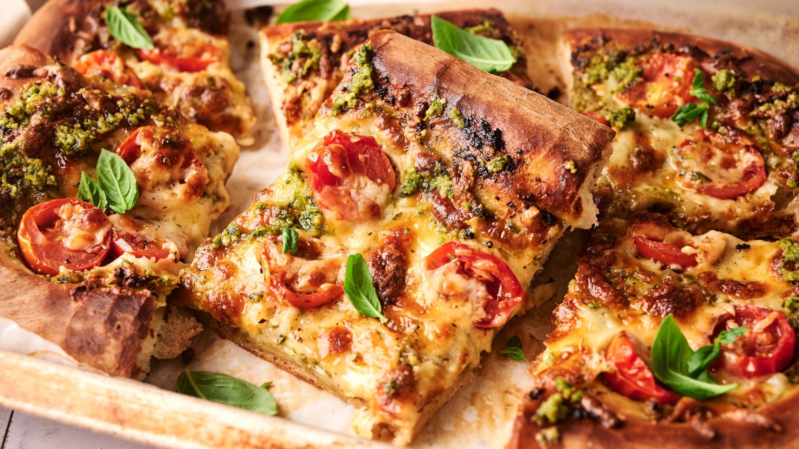 Rectangular slices of pizza topped with melted cheese, tomato, green pesto, and fresh basil leaves on a baking tray.