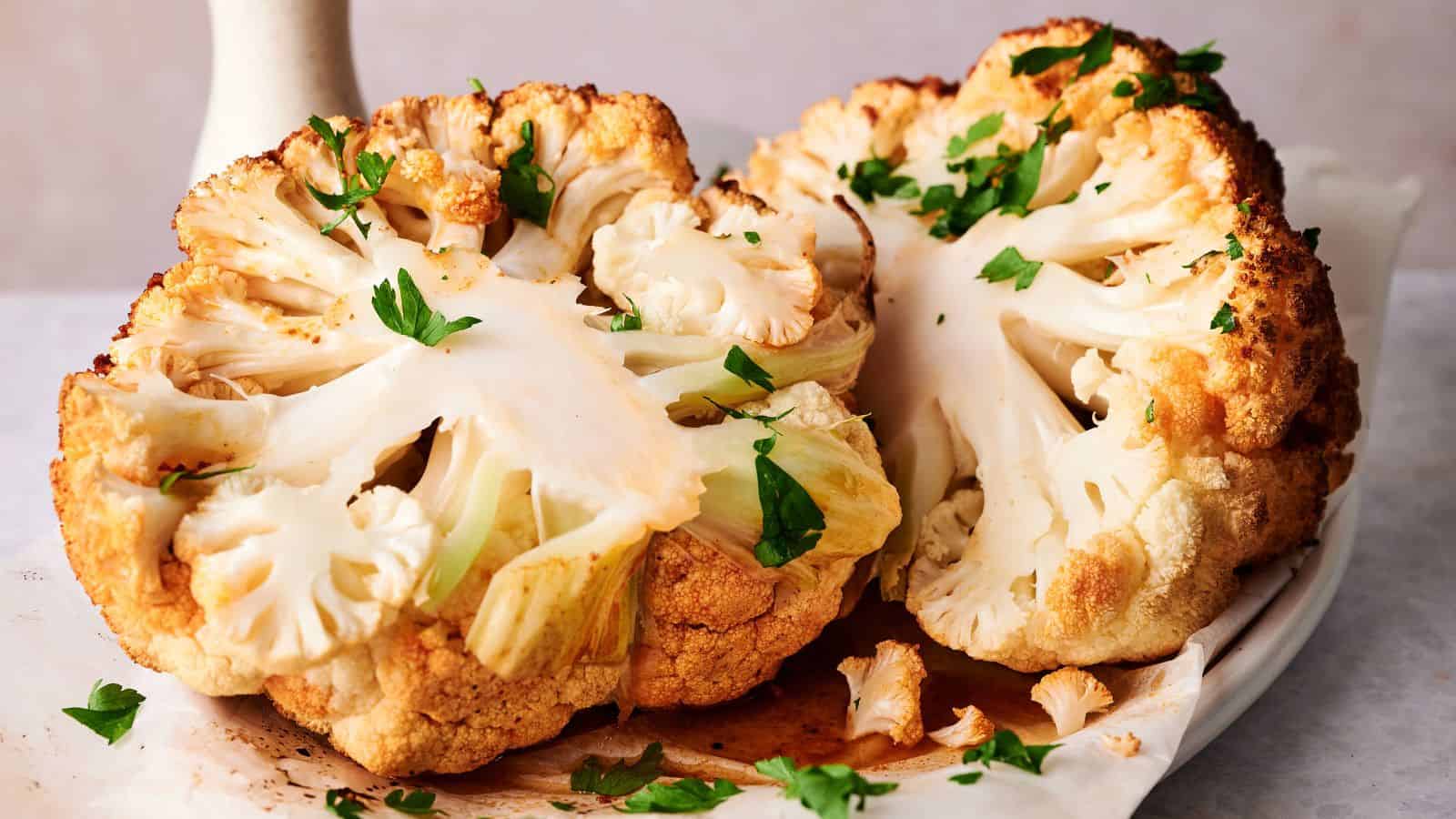 Roasted cauliflower head cut in half, garnished with chopped parsley, on a white plate.