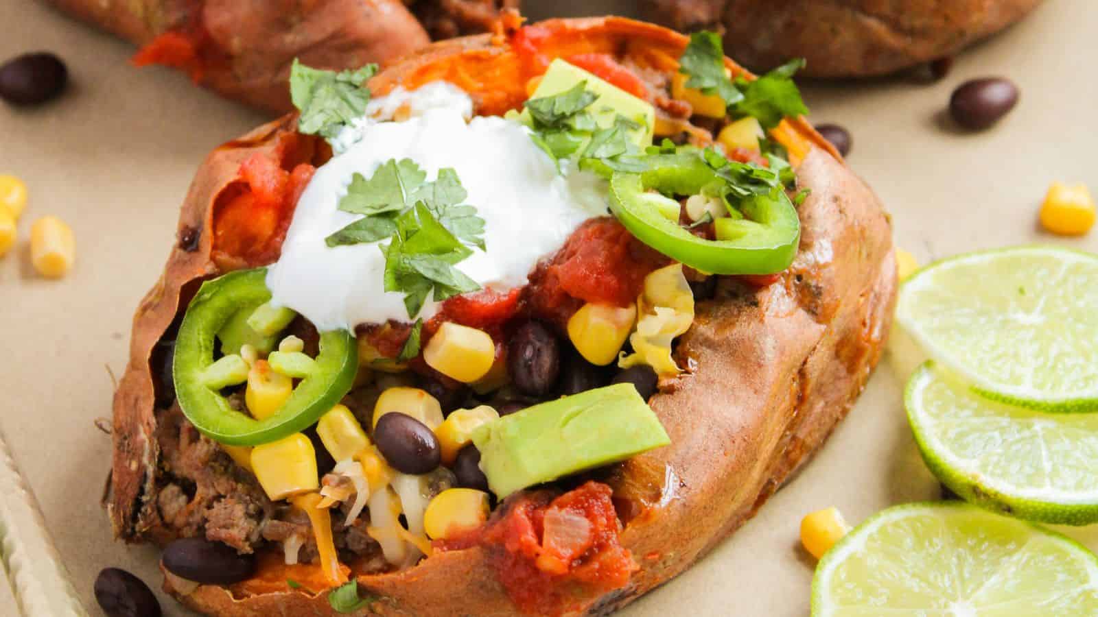 Baked sweet potato topped with black beans, corn, avocado, sliced jalapeños, cheese, salsa, sour cream, and cilantro, with lime slices on the side.