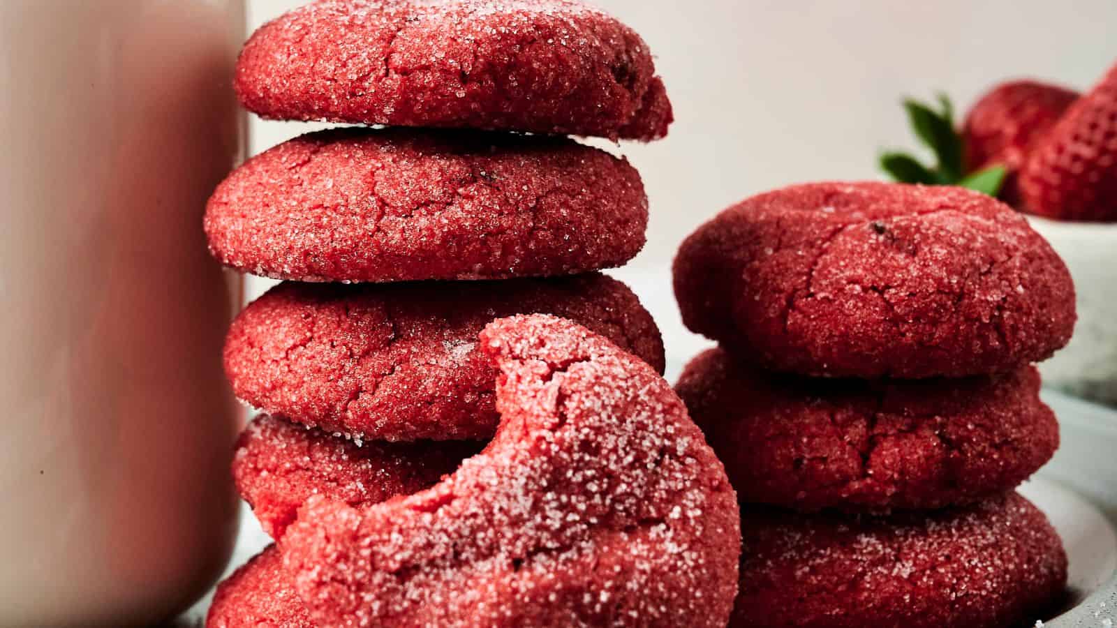 Stacks of strawberry cookies, one with a bite taken out, are arranged next to a glass of milk and whole strawberries.