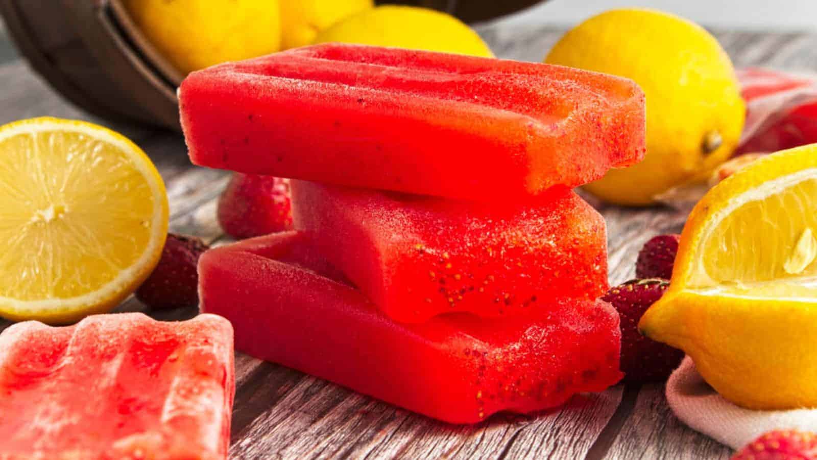 Stack of red popsicles surrounded by sliced lemons and strawberries on a wooden surface with a basket in the background.