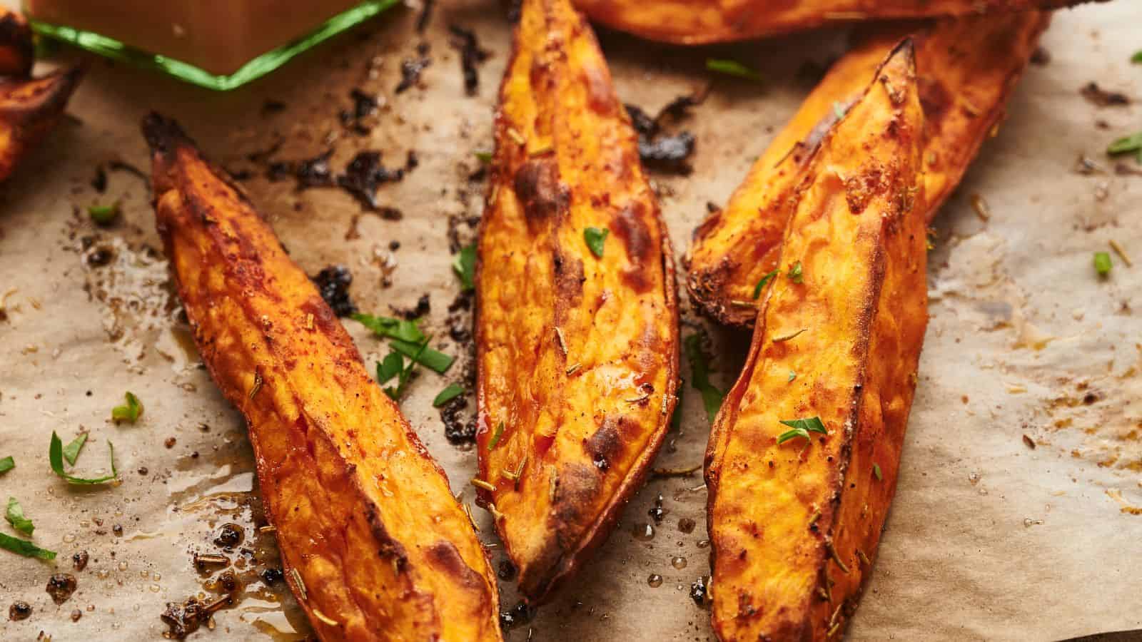 Roasted sweet potato wedges sprinkled with herbs on parchment paper.