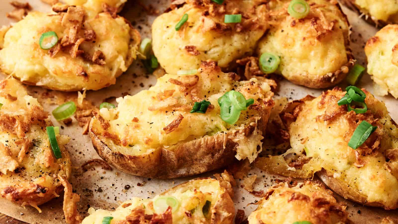 Twice-baked potatoes topped with melted cheese and chopped green onions on a baking sheet.