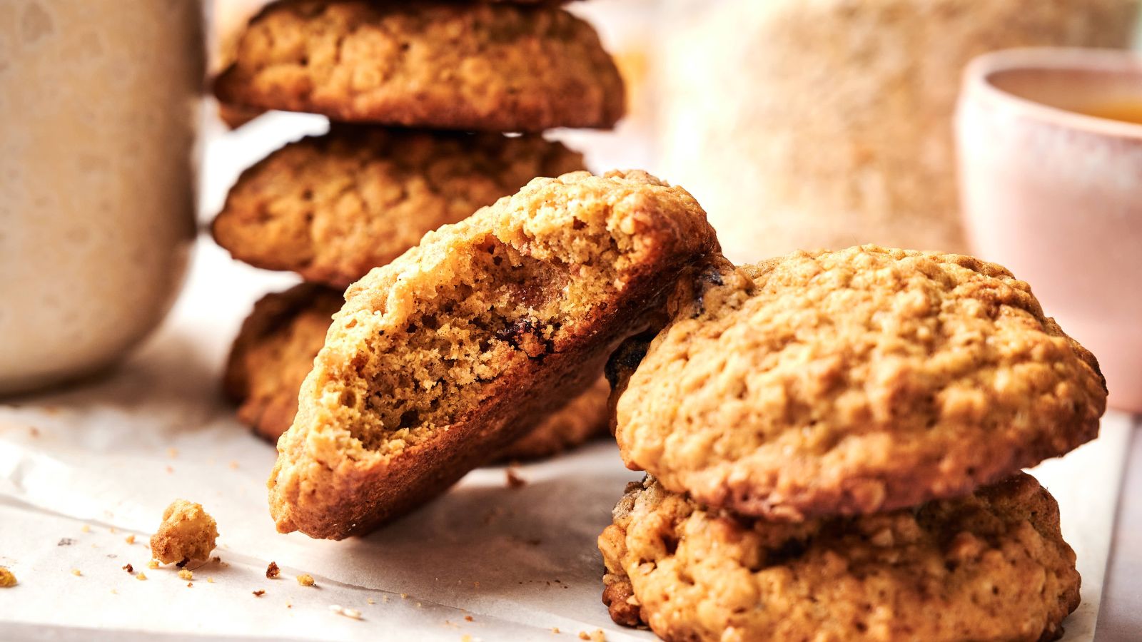 A close-up of several oatmeal cookies stacked and scattered on parchment paper, with one cookie broken in half to show the inside texture.