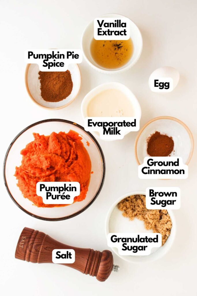 Various labeled ingredients for baking Pumpkin Pecan Pie Bars are arranged on a white surface, including pumpkin purée, sugars, spices, evaporated milk, vanilla extract, an egg, and salt.