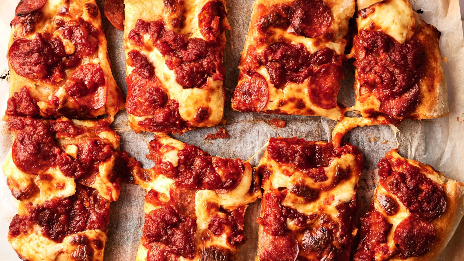 Eight rectangular slices of pepperoni pizza with thick tomato sauce and melted cheese on parchment paper.