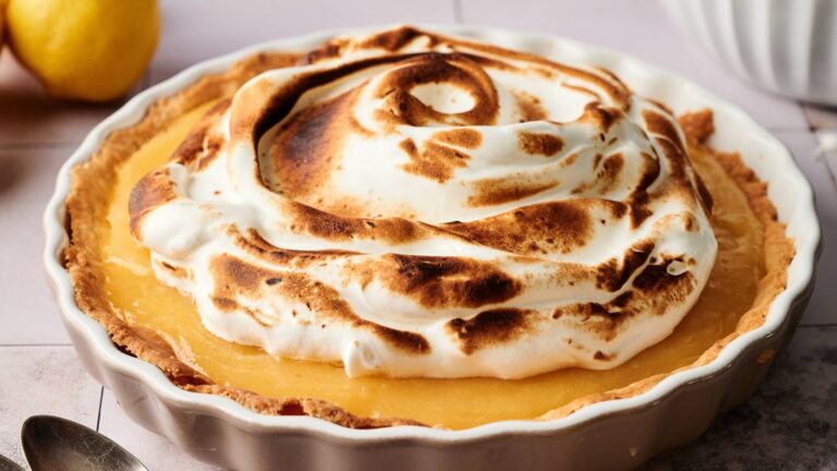 A lemon meringue pie with toasted meringue topping in a ceramic pie dish, shown on a light-colored surface.
