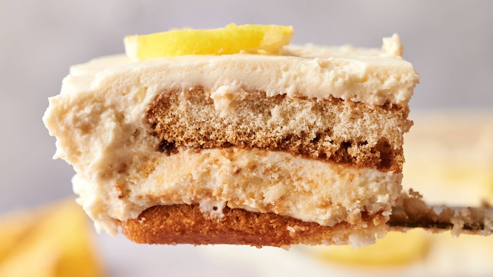 A close-up of a slice of layered tiramisu with cream, cake layers, and a lemon wedge garnish on top.