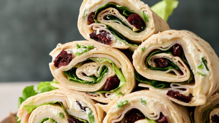 A close-up of several pinwheel wraps stacked, filled with cream cheese, leafy greens, dried cranberries, and rolled flatbread.