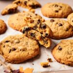 A group of Pumpkin Chocolate Chip Cookies on parchment paper, with one cookie broken in half to reveal its soft, flavorful inside.