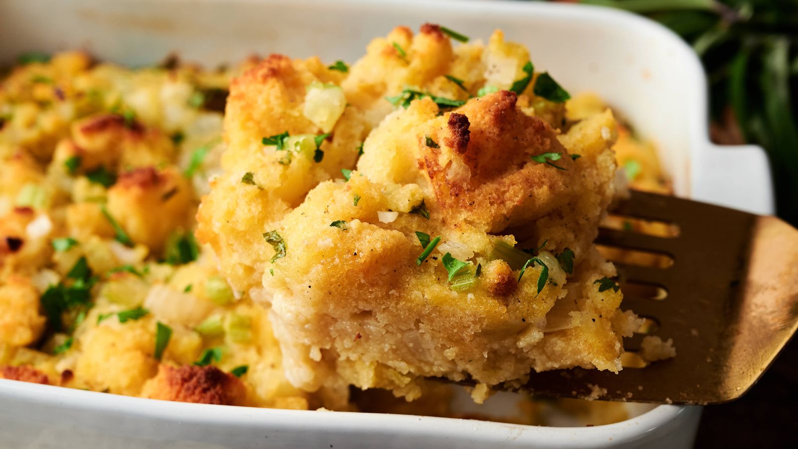 A metal spatula lifts a serving of baked stuffing topped with chopped parsley from a white casserole dish.