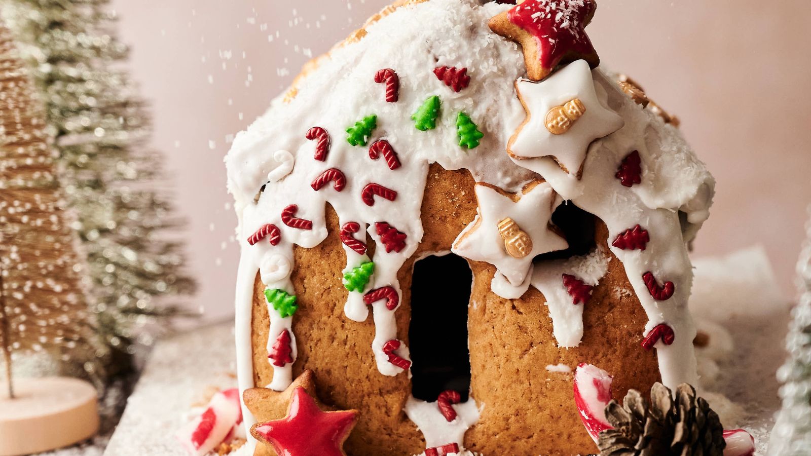 A gingerbread house decorated with white icing, star-shaped cookies, and candy, with artificial trees and a pine cone in the background.