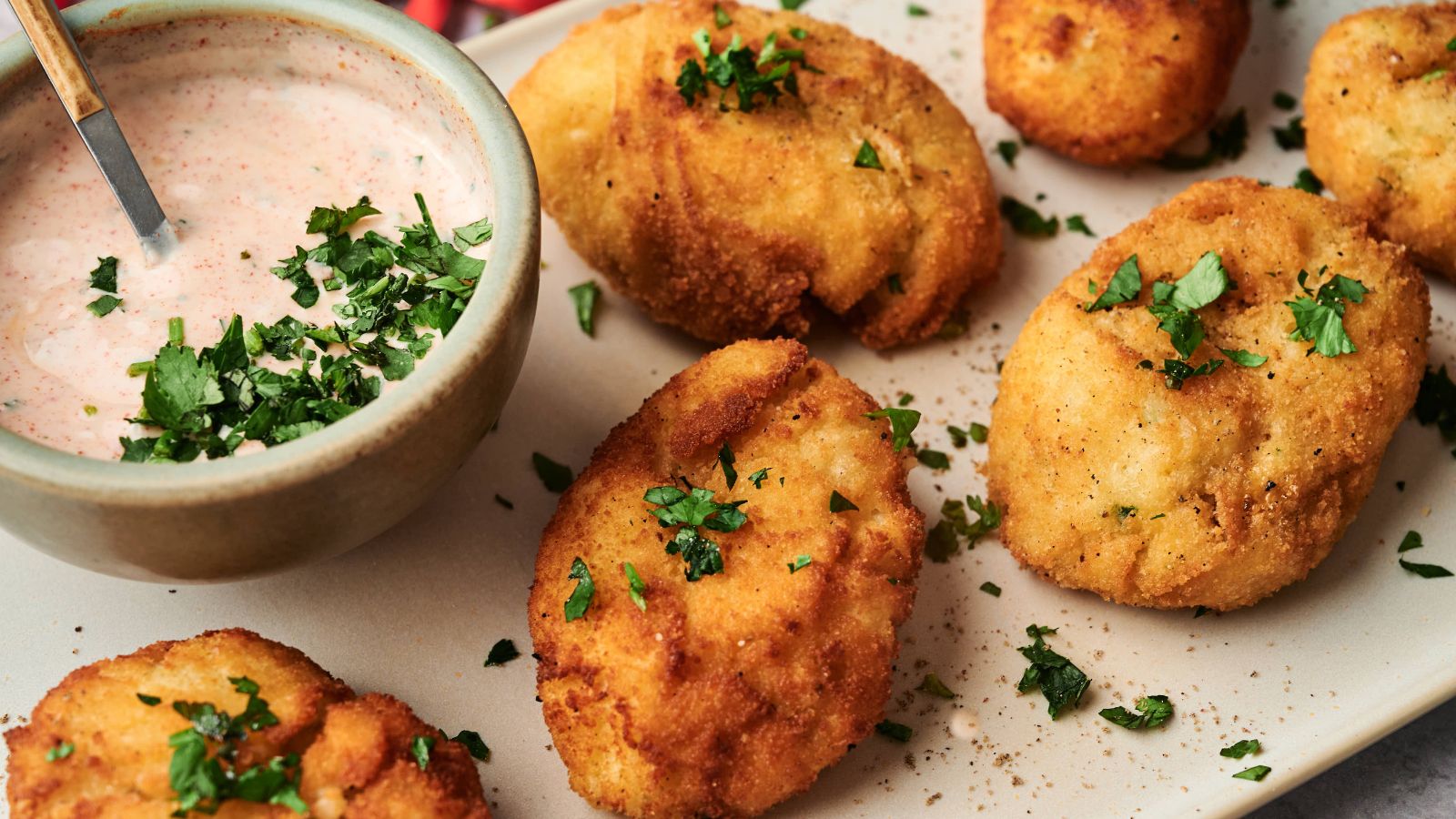Breaded and fried patties garnished with chopped parsley are arranged on a plate next to a bowl of creamy dipping sauce with herbs.