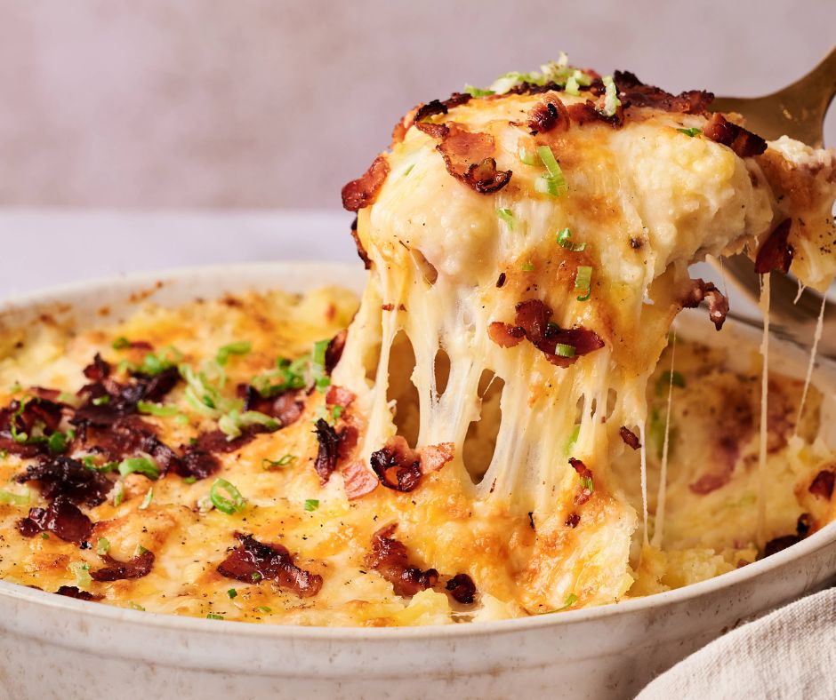 A Twice-Baked Potato Casserole topped with melted cheese, bacon bits, and chopped green onions, with a serving being lifted to reveal the irresistible stretchy cheese.