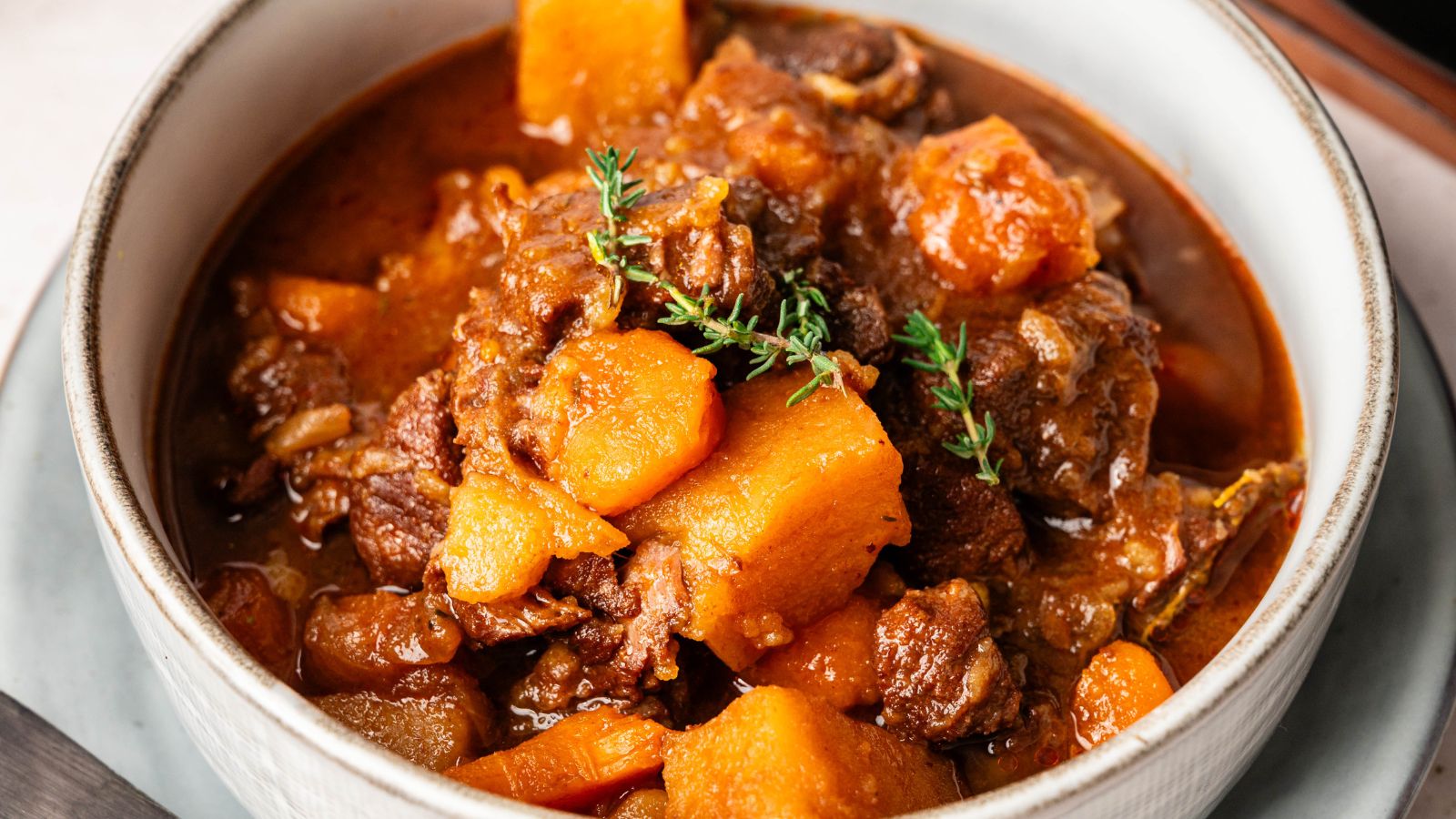 A bowl of beef stew with chunks of meat, carrots, potatoes, and garnished with fresh herbs in a thick, reddish-brown broth.