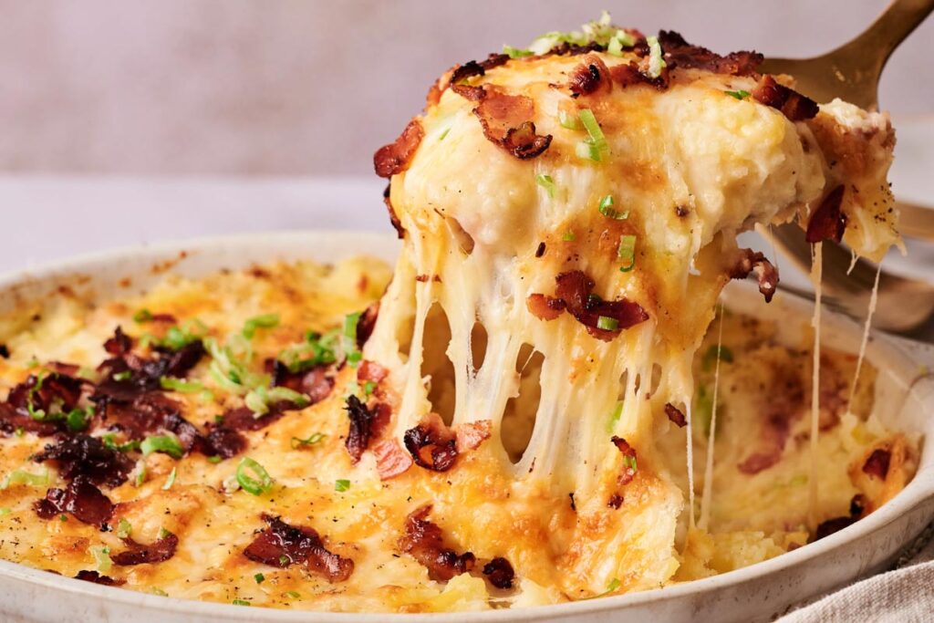 A serving of cheesy Twice-Baked Potato Casserole topped with crispy bacon and chopped green onions being lifted from a baking dish.
