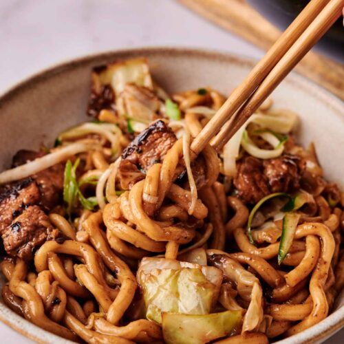 A bowl of stir-fried udon noodles with vegetables and pieces of tofu, inspired by Black Bean Noodles, with chopsticks picking up a portion.