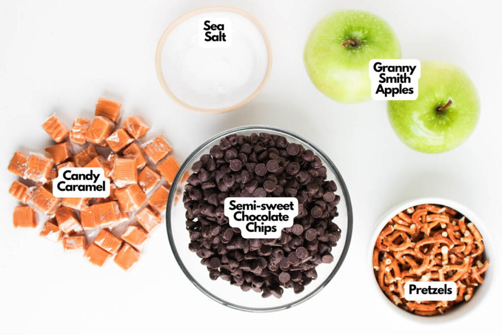 Top-down view of Caramel Apple Bark ingredients—sea salt, Granny Smith apples, candy caramel, semi-sweet chocolate chips, and pretzels—each clearly labeled with text.