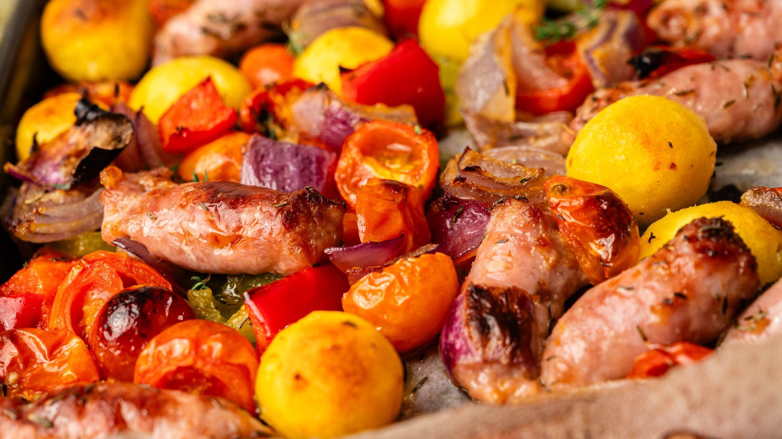 Roasted sausages, potatoes, cherry tomatoes, red onions, and bell peppers mixed together on a baking tray.