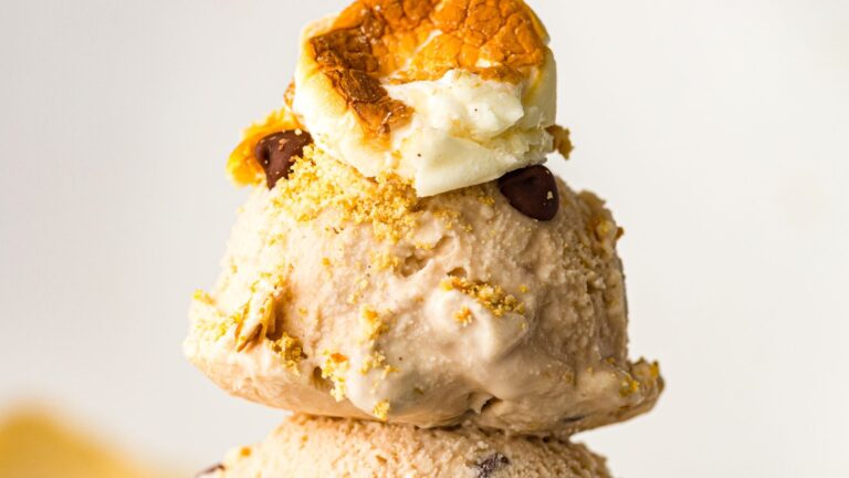Two scoops of ice cream topped with a toasted marshmallow and sprinkled with crumbs and chocolate chips.