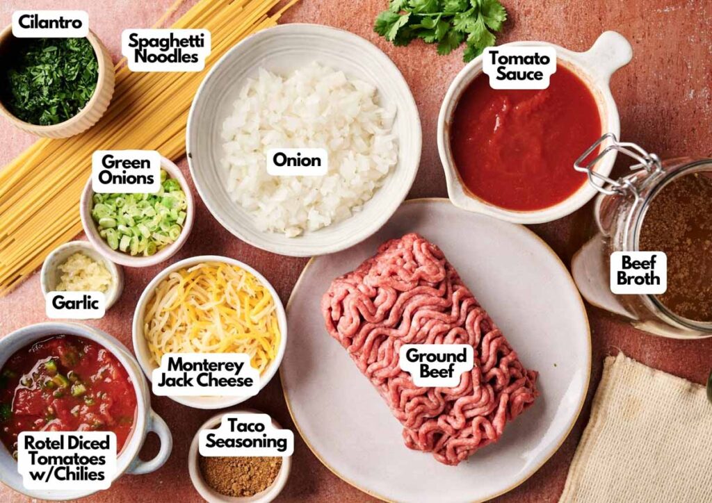 Ingredients for a Mexican Spaghetti recipe, including ground beef, onion, tomato sauce, beef broth, spaghetti noodles, green onions, garlic, Rotel tomatoes, taco seasoning, cilantro, and cheese.