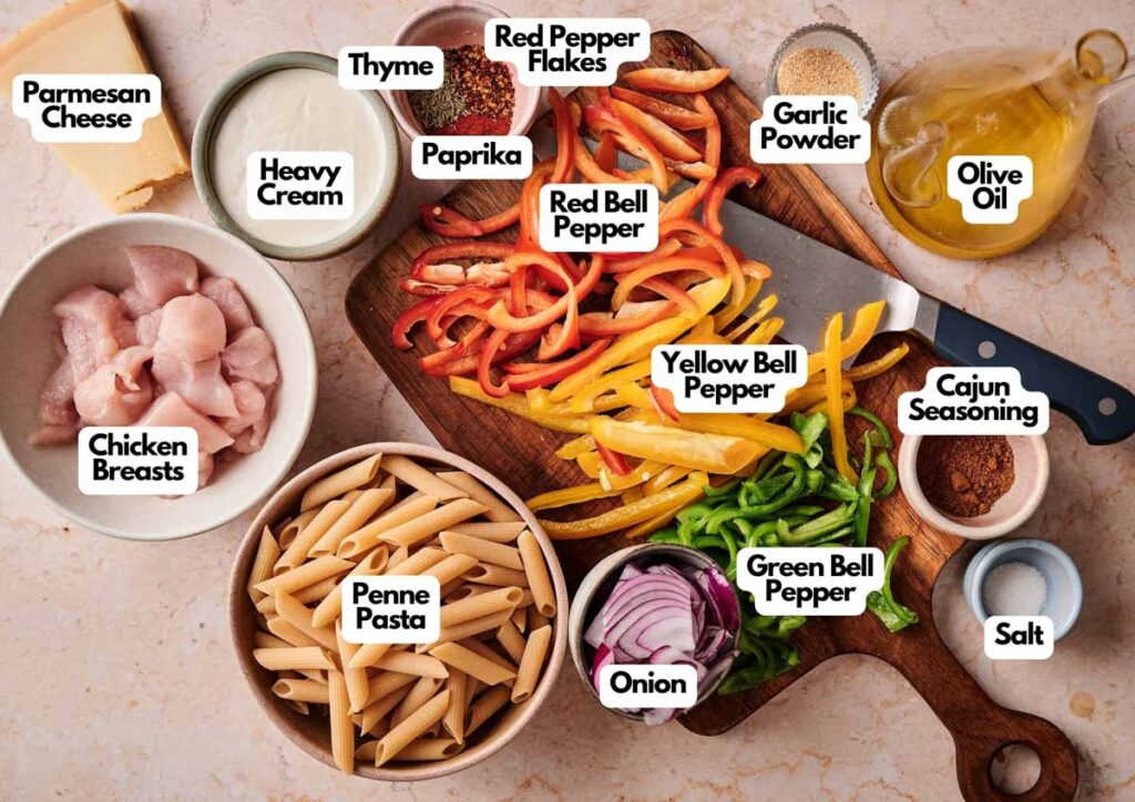 Ingredients for a Rasta Pasta dish including penne, chicken breasts, bell peppers, onion, heavy cream, parmesan cheese, olive oil, and various seasonings arranged on a counter.