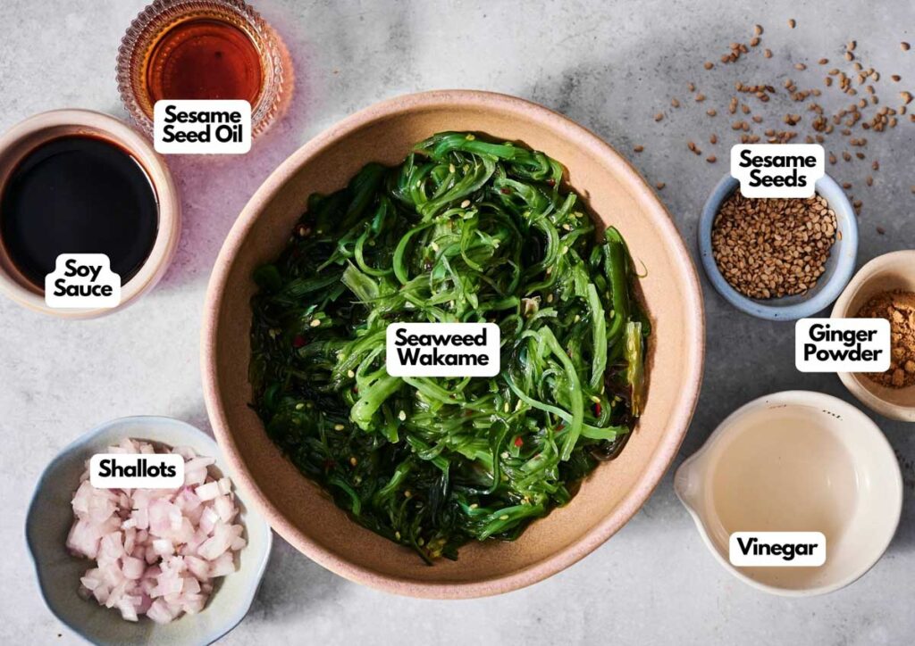 A bowl of seaweed wakame Seaweed Salad is surrounded by small bowls of soy sauce, sesame seed oil, shallots, vinegar, ginger powder, and sesame seeds on a marble surface.