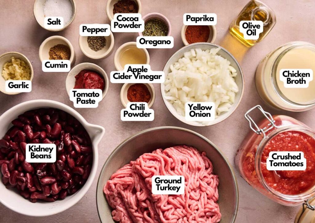 A top-down view of labeled Turkey Chili ingredients, including spices, kidney beans, ground turkey, onion, garlic, broth, crushed tomatoes, tomato paste, and olive oil on a light countertop.