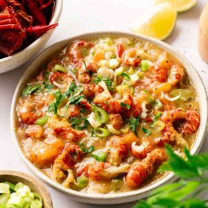 A bowl of Crawfish Etouffee garnished with chopped green onions and parsley, with lemon wedges and a side of crawfish and sliced green onions nearby.