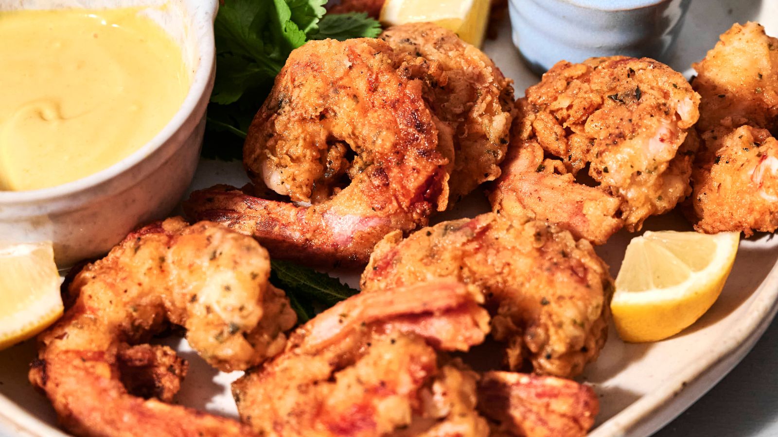 Close-up of a plate with fried shrimp, lemon wedges, and a bowl of dipping sauce.