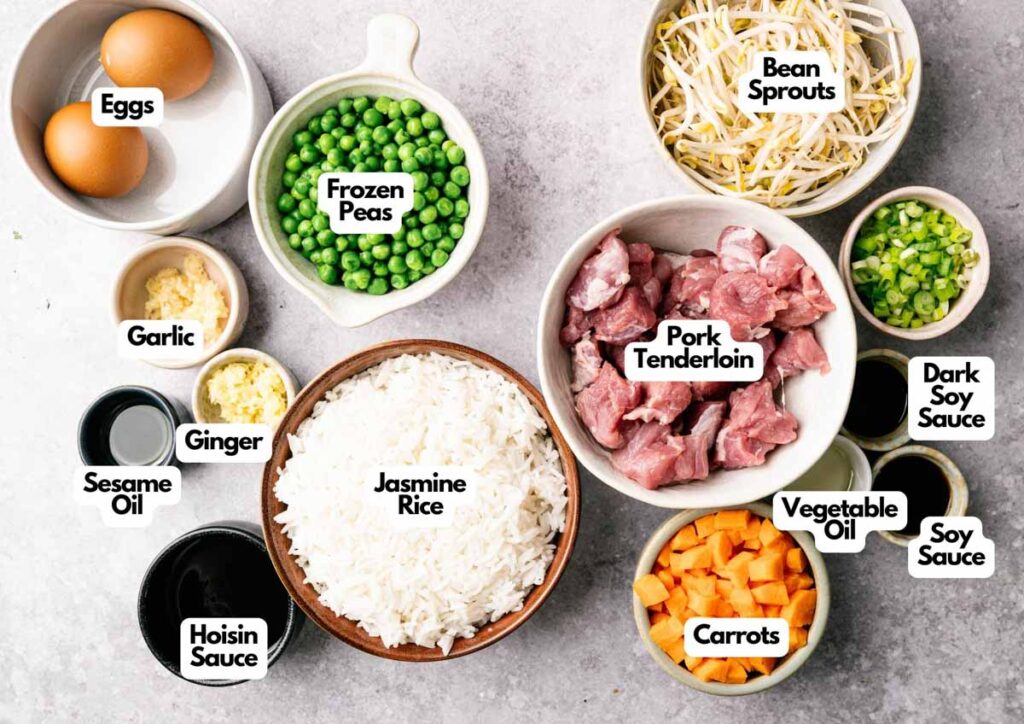 Ingredients for Pork Fried Rice are arranged in bowls, including eggs, frozen peas, bean sprouts, pork tenderloin, jasmine rice, carrots, green onions, garlic, ginger, and various sauces and oils.