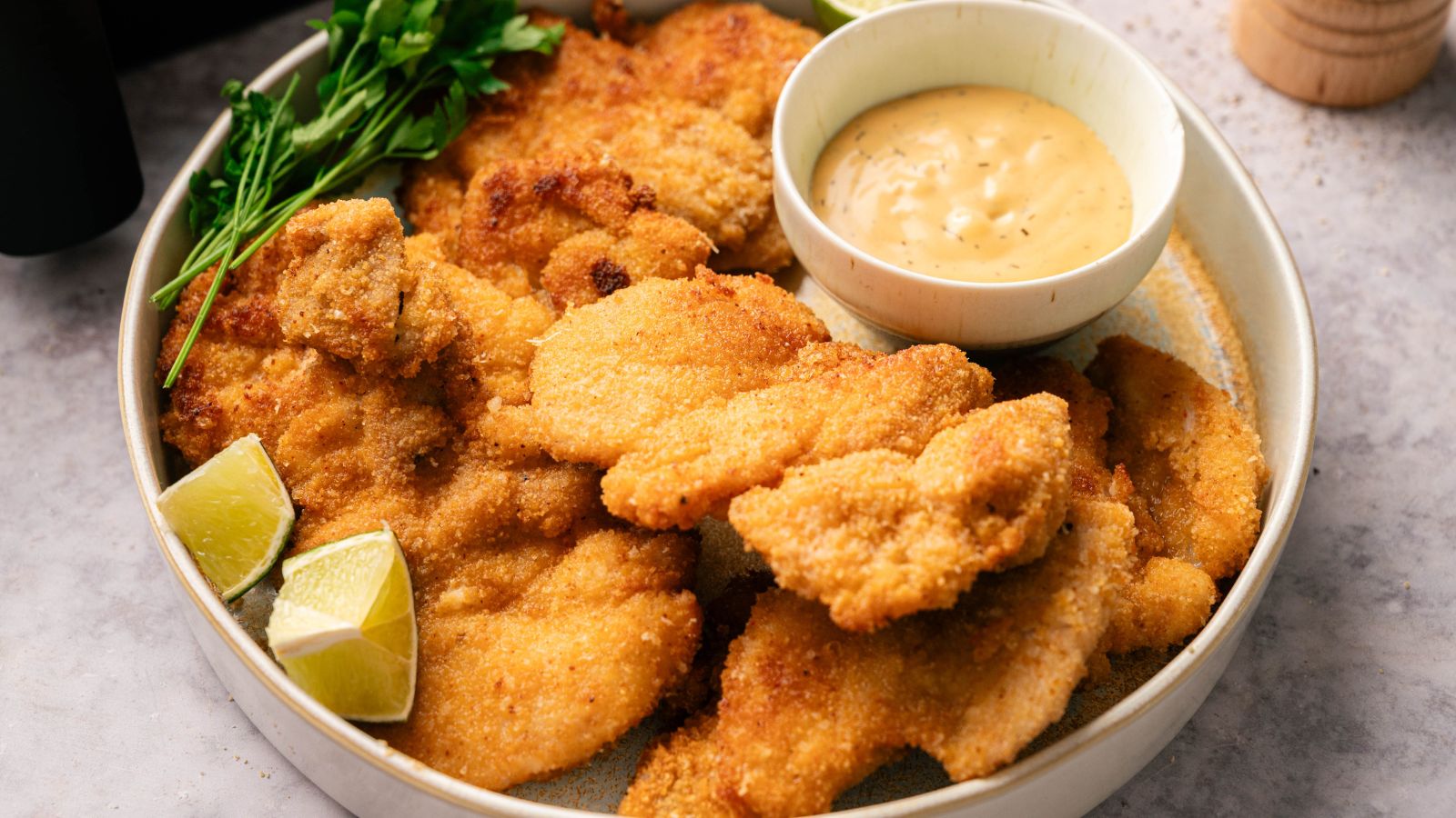 A plate of breaded and fried chicken cutlets is served with dipping sauce, lime wedges, and a garnish of fresh parsley.