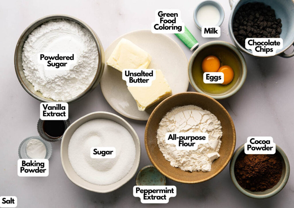 Assorted baking ingredients in bowls, perfect for making Mint Chocolate Brownies, including powdered sugar, butter, eggs, flour, cocoa powder, chocolate chips, sugar, milk, baking powder, salt, vanilla and peppermint extracts, and green food coloring.