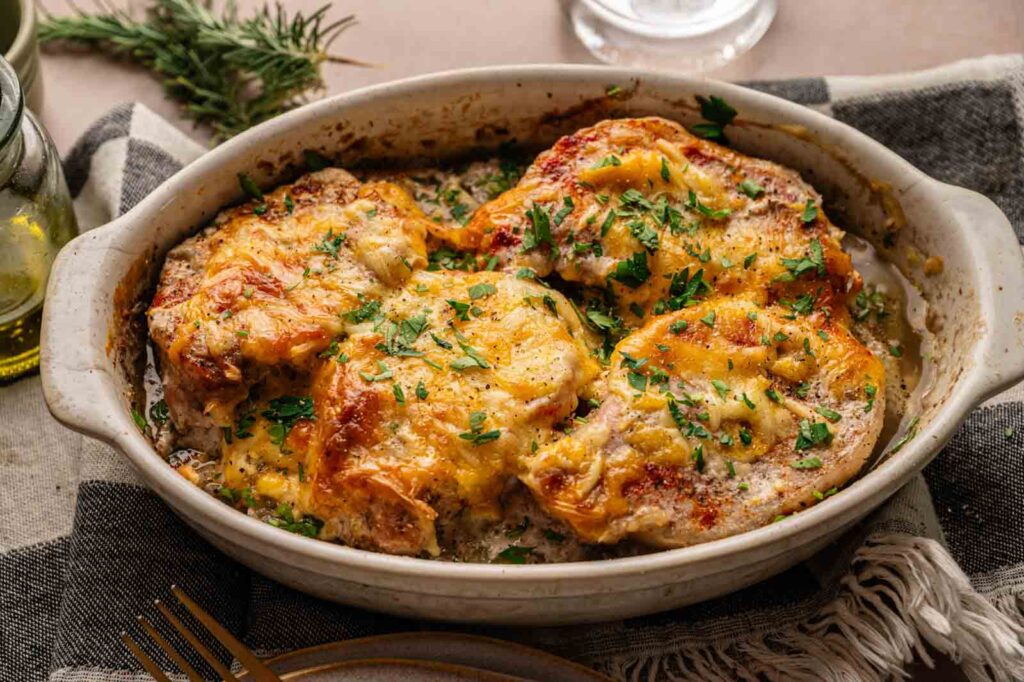 Baked Pork Chop Casserole topped with melted cheese and chopped parsley in a white ceramic baking dish.