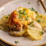 A serving of Pork Chop Casserole topped with melted cheese, placed on thinly sliced potatoes, and garnished with chopped herbs on a ceramic plate.