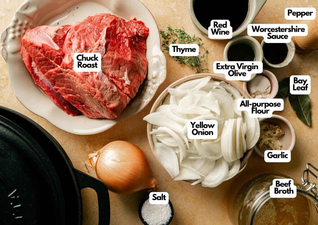 A display of French Onion Pot Roast ingredients including chuck roast, sliced onions, garlic, thyme, bay leaf, olive oil, flour, salt, pepper, red wine, Worcestershire sauce, and beef broth.