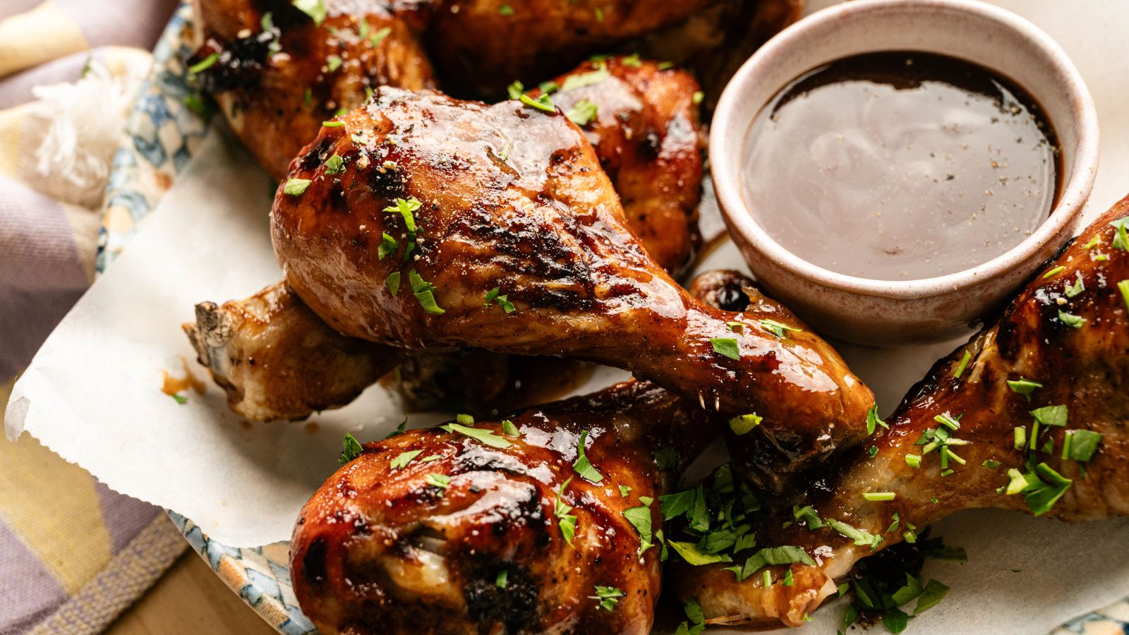 Juicy, crispy glazed chicken drumsticks with herbs and dipping sauce.